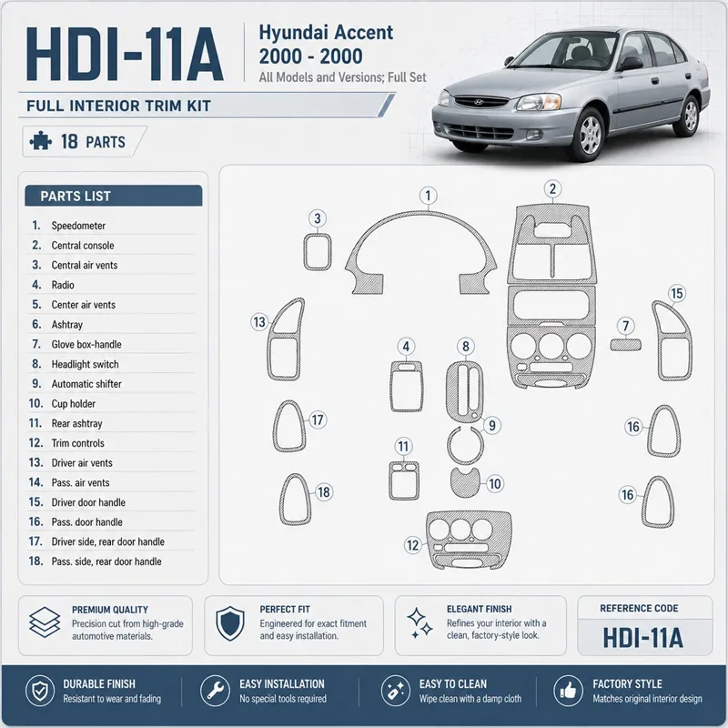 Hyundai Accent 2000-2000 set completo kit rivestimento cruscotto e interni 3D 18 pezzi