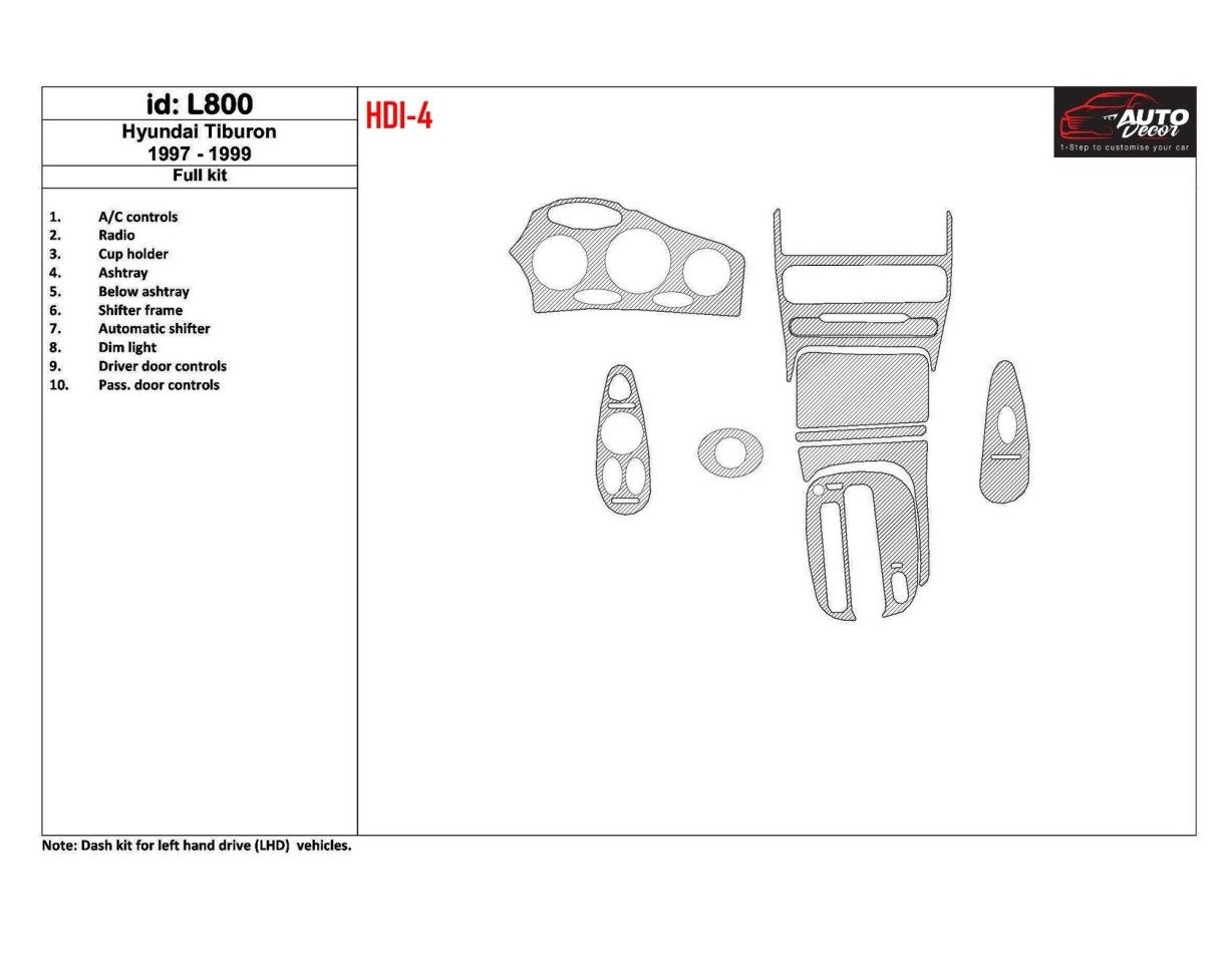 Hyundai Tiburon 1997-1999 Full Set, 10 Parts set Cruscotto BD Rivestimenti interni