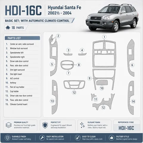 Hyundai Santa Fe 2002-2004 Basic Set; con Automatic Climate-Control kit rivestimento cruscotto e interni 3D 16 pezzi