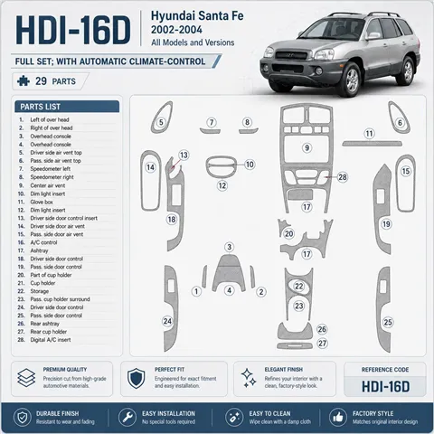Hyundai Santa Fe 2002-2004 set completo; con Automatic Climate-Control kit rivestimento cruscotto e interni 3D 29 pezzi