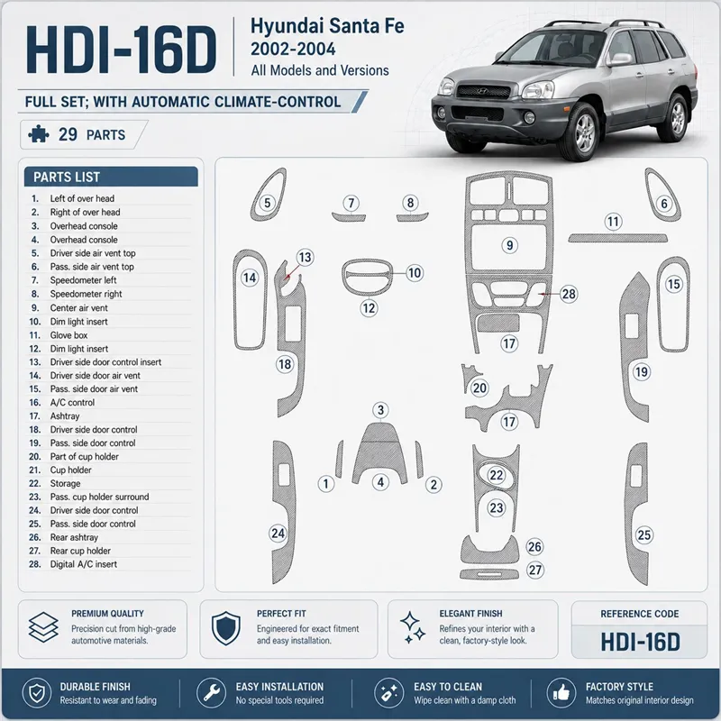 Hyundai Santa Fe 2002-2004 set completo; con Automatic Climate-Control kit rivestimento cruscotto e interni 3D 29 pezzi