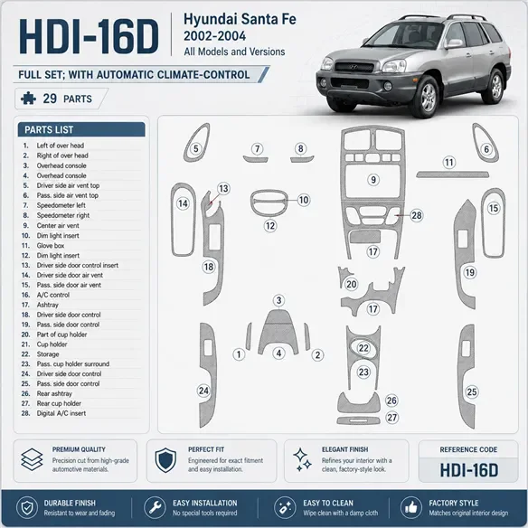 Hyundai Santa Fe 2002-2004 set completo; con Automatic Climate-Control kit rivestimento cruscotto e interni 3D 29 pezzi