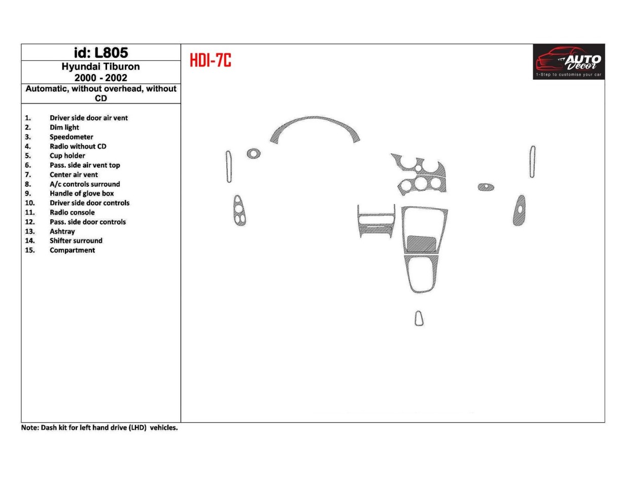 Hyundai Tiburon 2000-2002 Automatic Gearbox, Without CD, 15 Parts set Cruscotto BD Rivestimenti interni Hyundai Tiburon 2000-2002 Automatic Gearbox, Without CD, 15 Parts set Cruscotto BD Rivestimenti interni