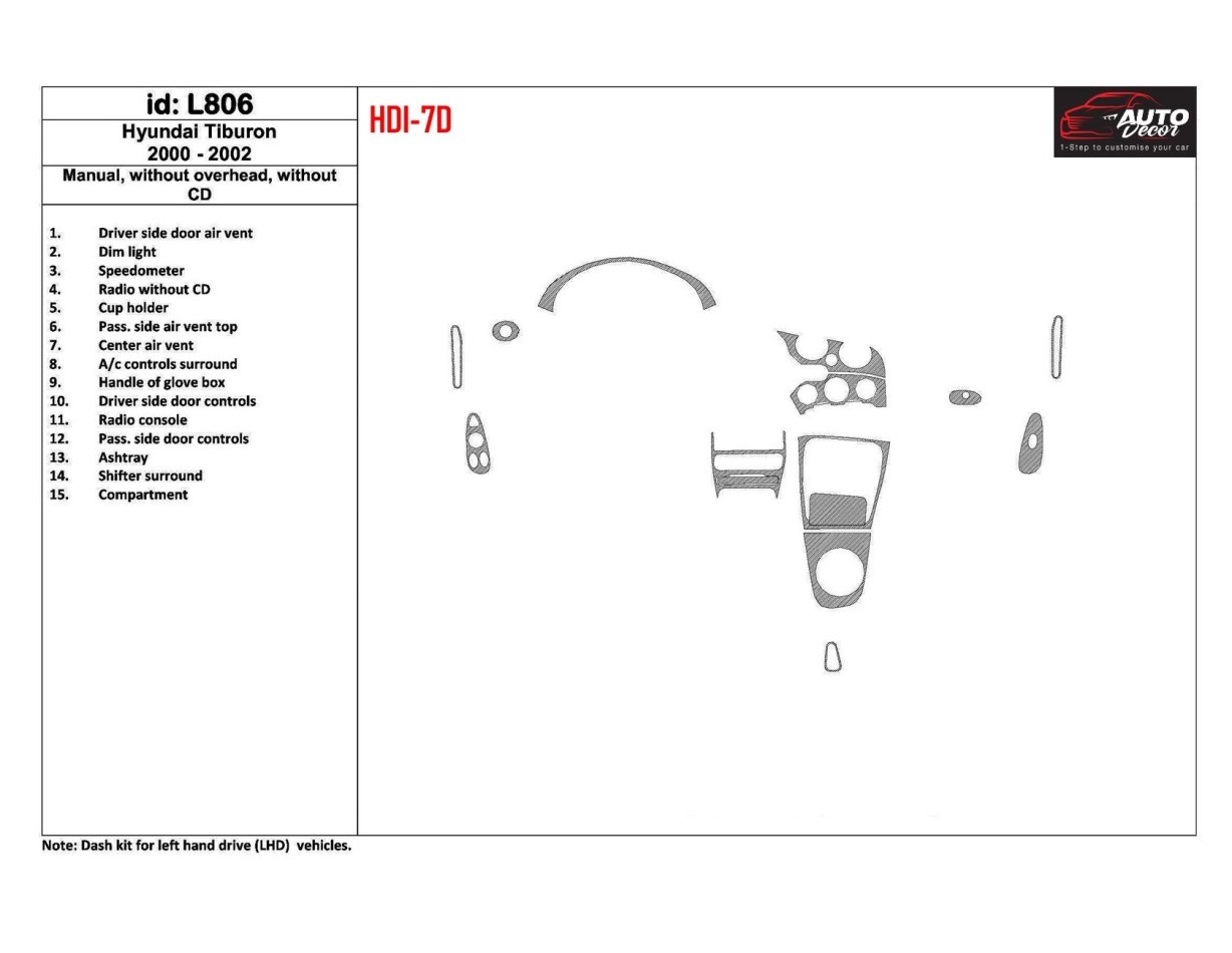 Hyundai Tiburon 2000-2002 Manual Gearbox, Without CD, 15 Parts set Cruscotto BD Rivestimenti interni