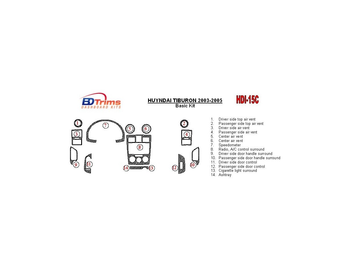 Hyundai Tiburon 2003-2005 Basic Set, 16 Parts set Cruscotto BD Rivestimenti interni