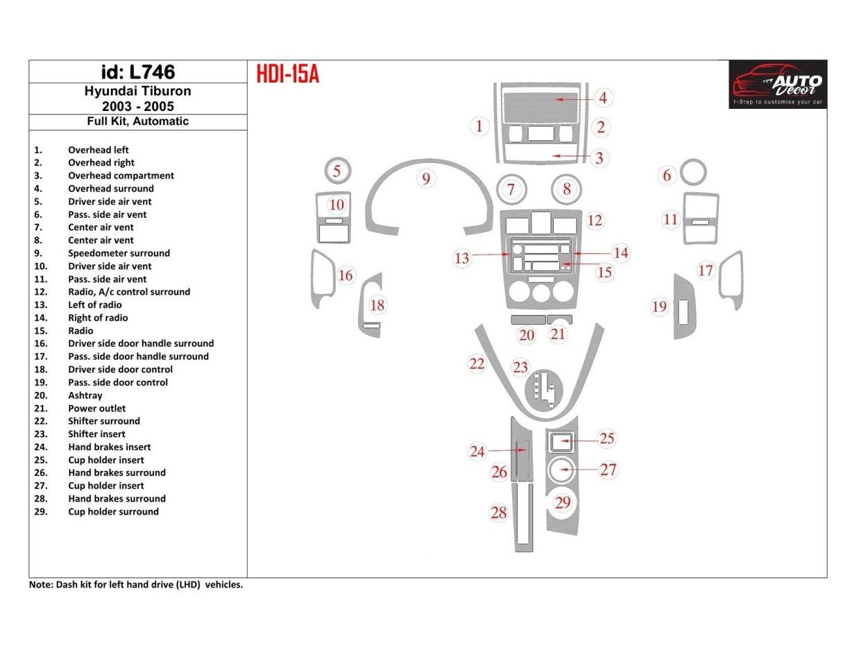 Hyundai Tiburon 2003-2005 Full Set, Automatic Gearbox Cruscotto BD Rivestimenti interni
