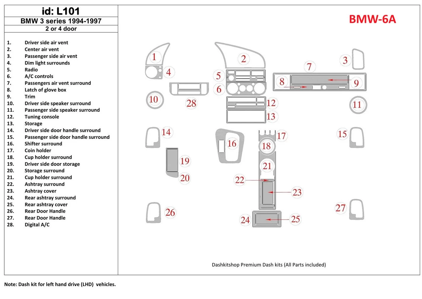 BMW 3 1994-1997 2 Doors, 25 Parts set Cruscotto BD Rivestimenti interni