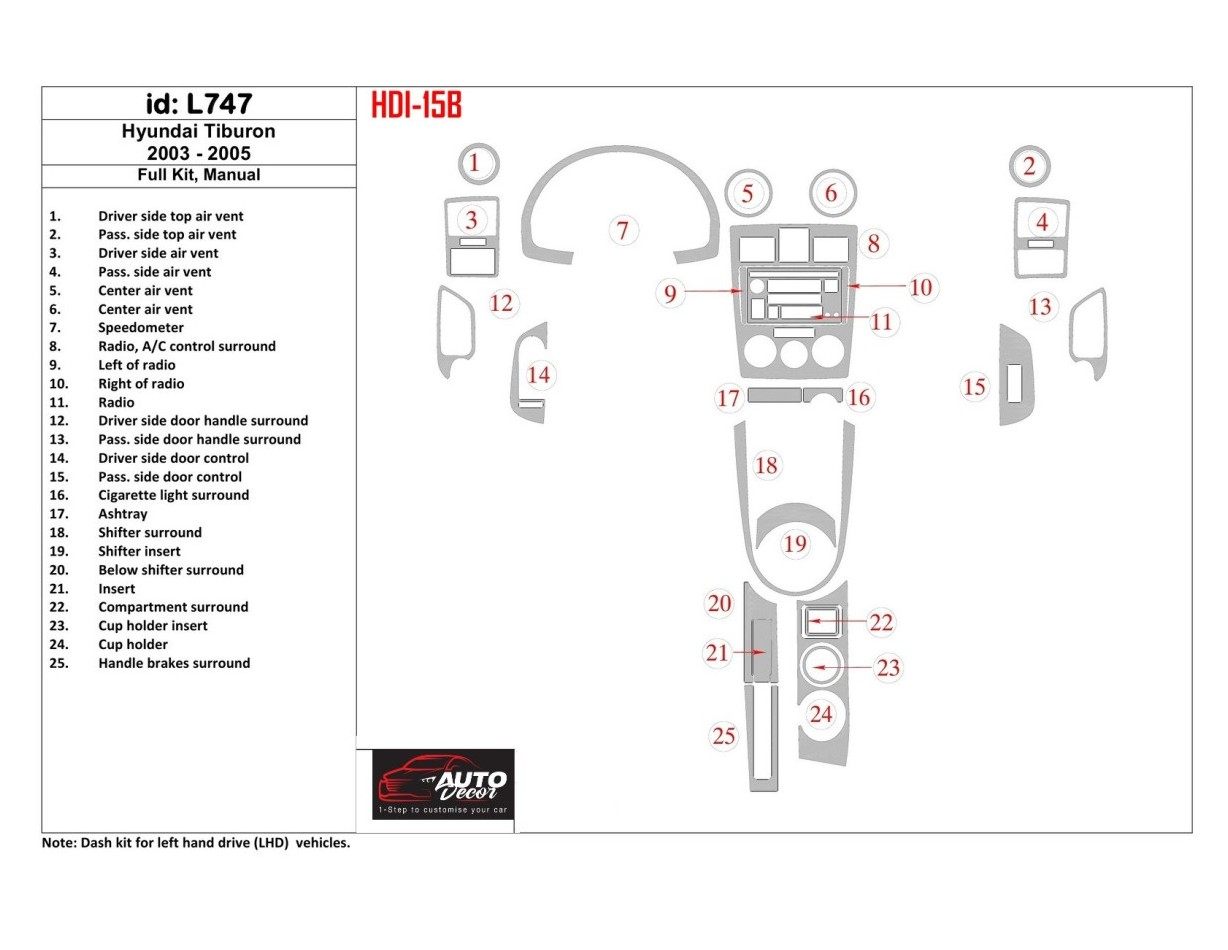 Hyundai Tiburon 2003-2005 Full Set, Manual Gearbox Cruscotto BD Rivestimenti interni