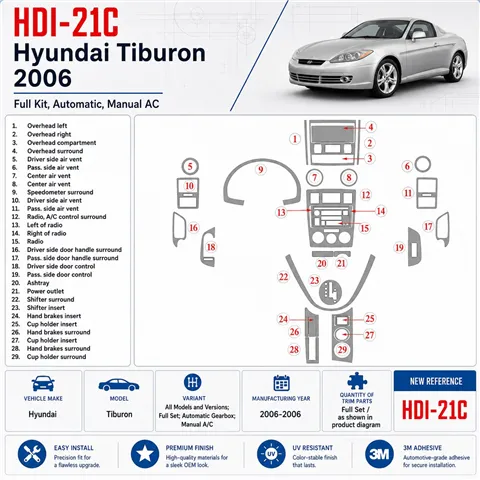 Hyundai Tiburon 2006-2006 set completo; Auto; cambio manuale AC kit rivestimento cruscotto e interni 3D