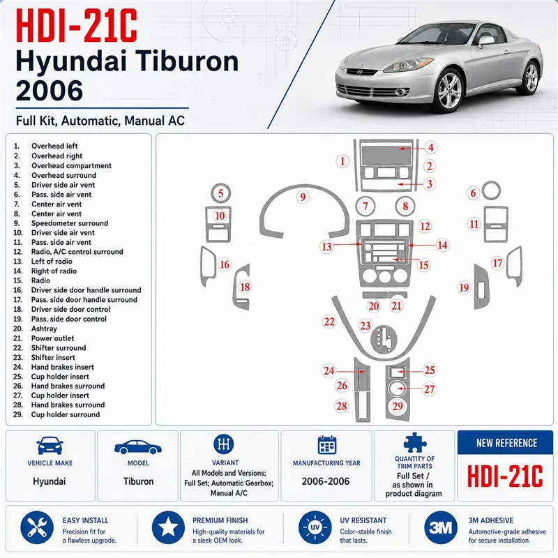 Hyundai Tiburon 2006-2006 set completo; Auto; cambio manuale AC kit rivestimento cruscotto e interni 3D