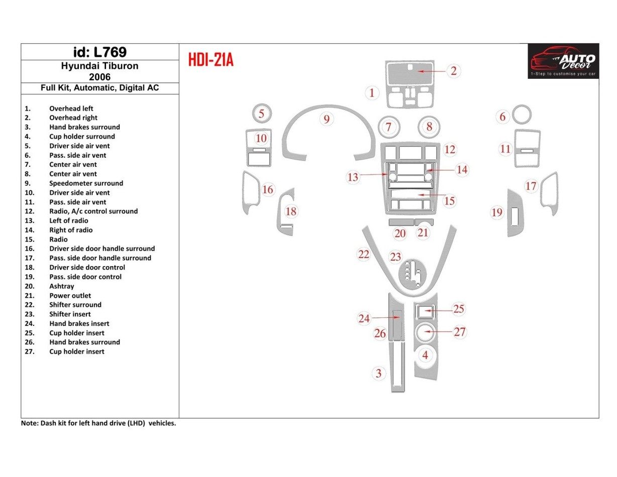 Hyundai Tiburon 2006-2006 Full Set, Auto, Automatic AC Cruscotto BD Rivestimenti interni