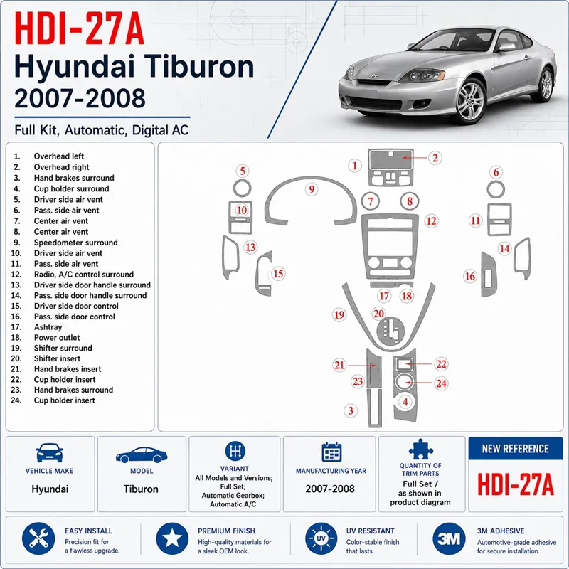 Hyundai Tiburon 2007-2008 set completo; cambio automatico; Automatic AC kit rivestimento cruscotto e interni 3D