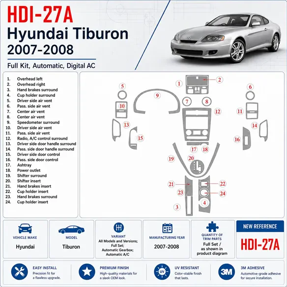 Hyundai Tiburon 2007-2008 set completo; cambio automatico; Automatic AC kit rivestimento cruscotto e interni 3D