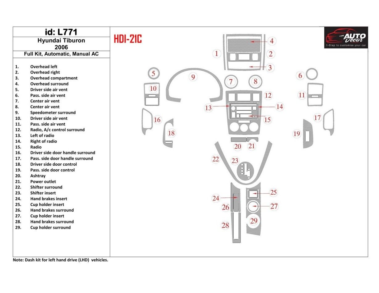 Hyundai Tiburon 2006-2006 Full Set, Auto, Manual Gearbox AC Cruscotto BD Rivestimenti interni
