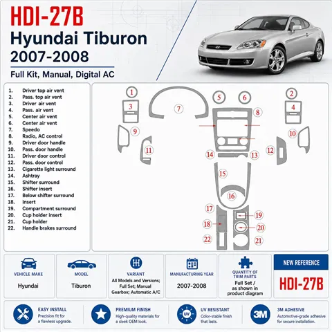 Hyundai Tiburon 2007-2008 set completo; cambio manuale; Automatic AC kit rivestimento cruscotto e interni 3D