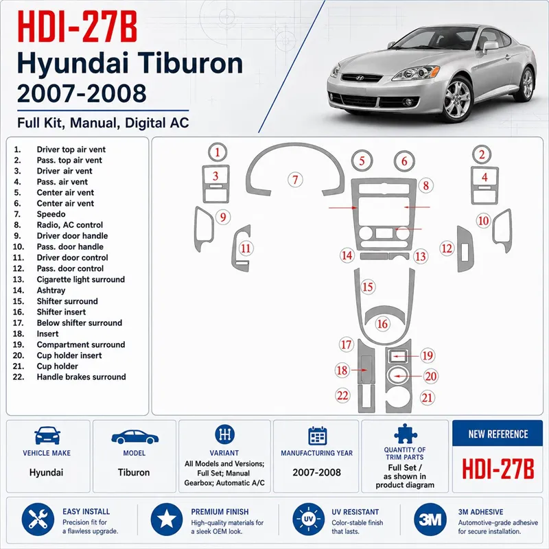 Hyundai Tiburon 2007-2008 set completo; cambio manuale; Automatic AC kit rivestimento cruscotto e interni 3D