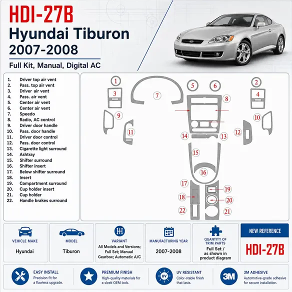 Hyundai Tiburon 2007-2008 set completo; cambio manuale; Automatic AC kit rivestimento cruscotto e interni 3D