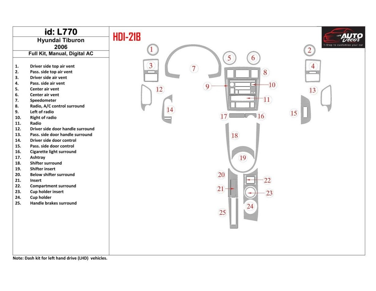 Hyundai Tiburon 2006-2006 Full Set, Manual Gearbox, Automatic AC Cruscotto BD Rivestimenti interni