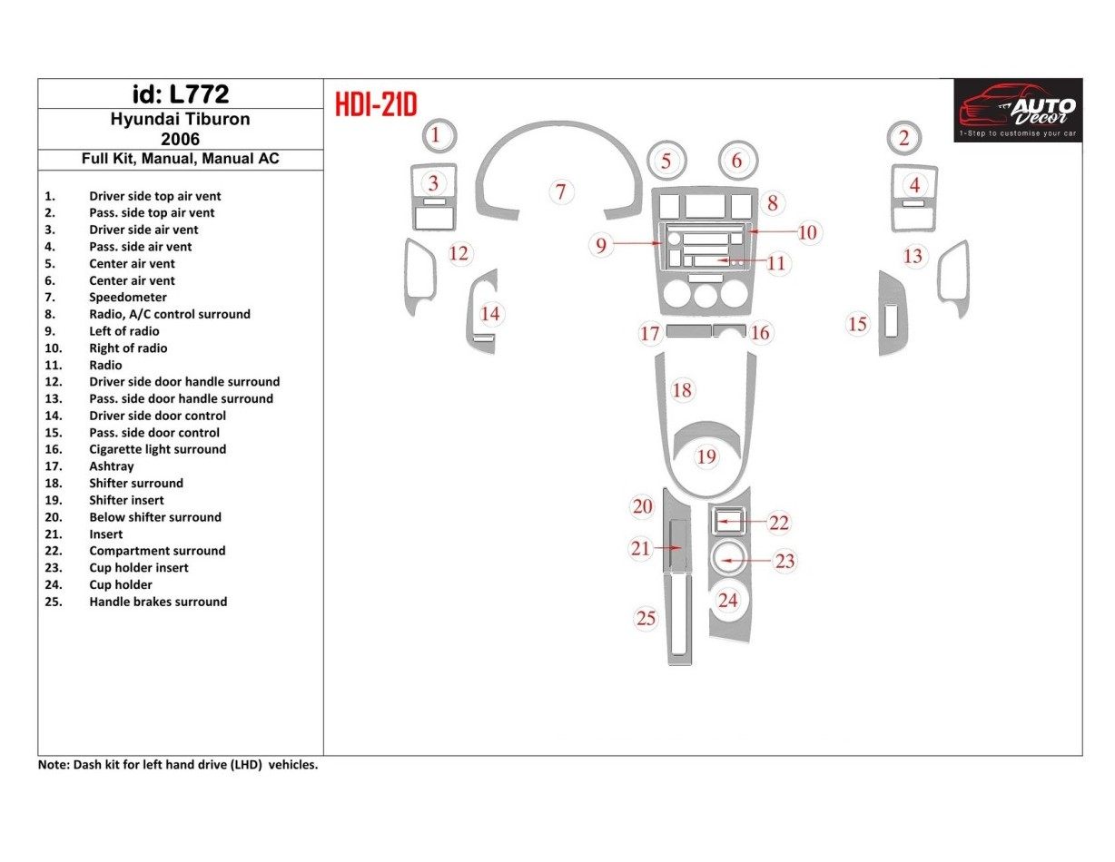 Hyundai Tiburon 2006-2006 Full Set, Manual Gearbox, Manual Gearbox AC Cruscotto BD Rivestimenti interni