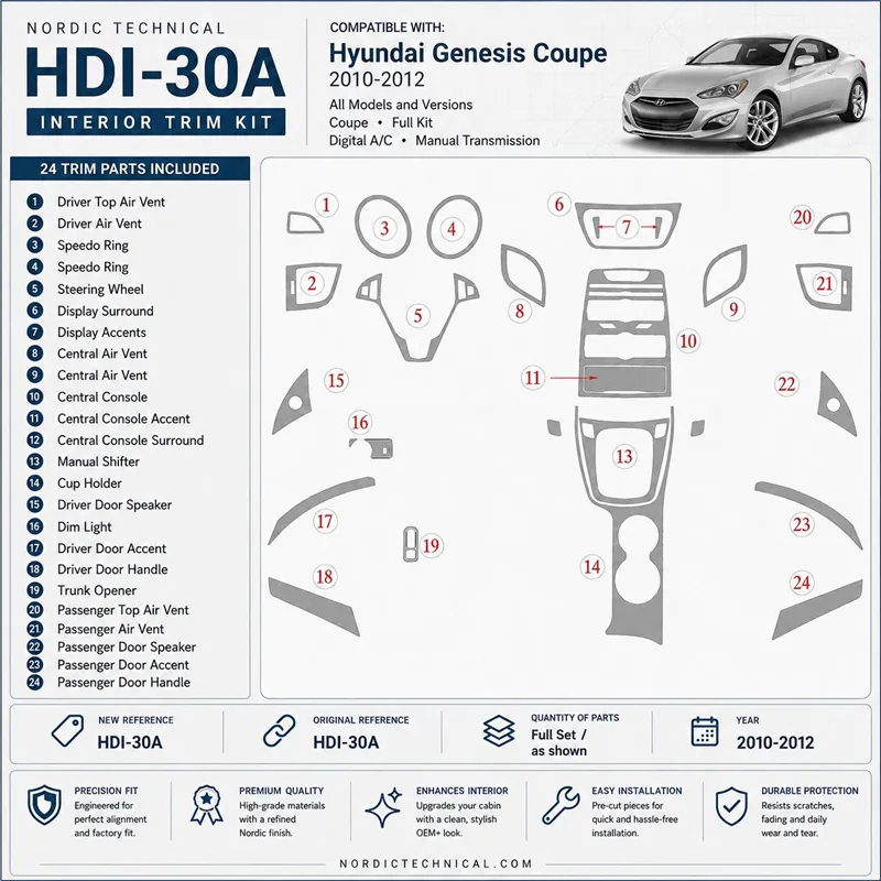 Hyundai Genesis 2010-2012 Coupe; set completo; cambio manuale; Automatic AC kit rivestimento cruscotto e interni 3D