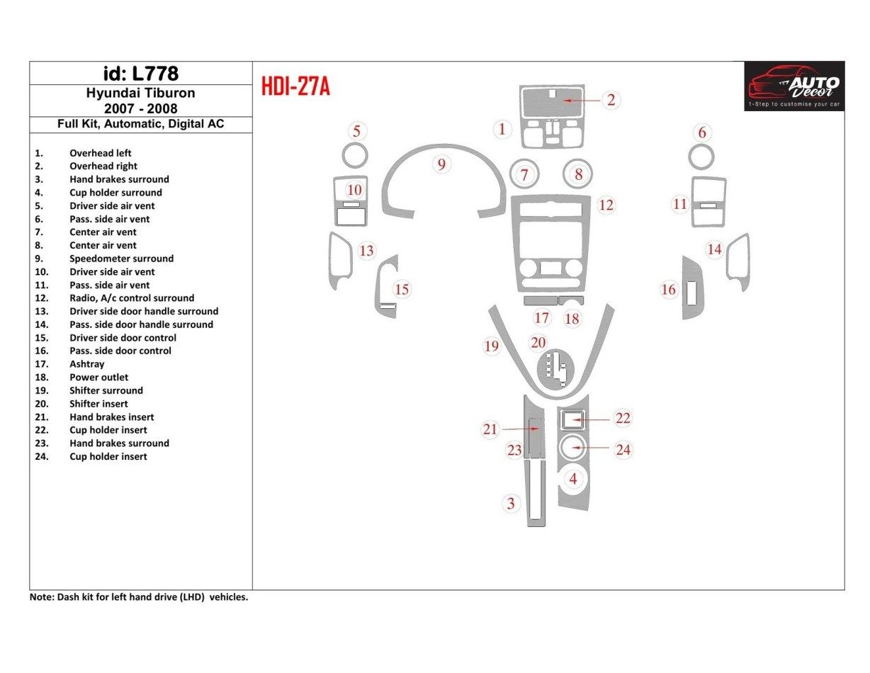 Hyundai Tiburon 2007-2008 Full Set, Automatic Gear, Automatic AC Cruscotto BD Rivestimenti interni