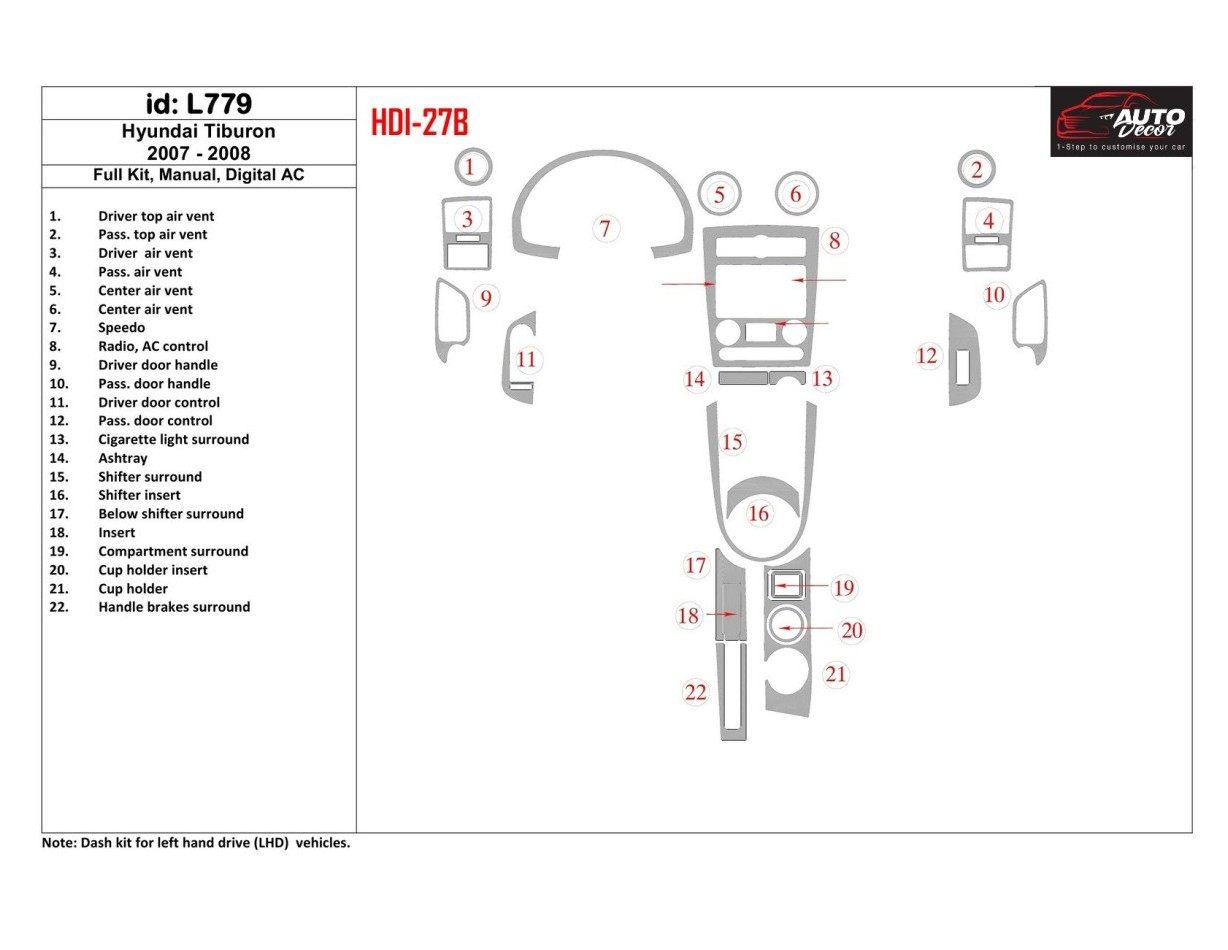Hyundai Tiburon 2007-2008 Full Set, Manual Gear Box, Automatic AC Cruscotto BD Rivestimenti interni