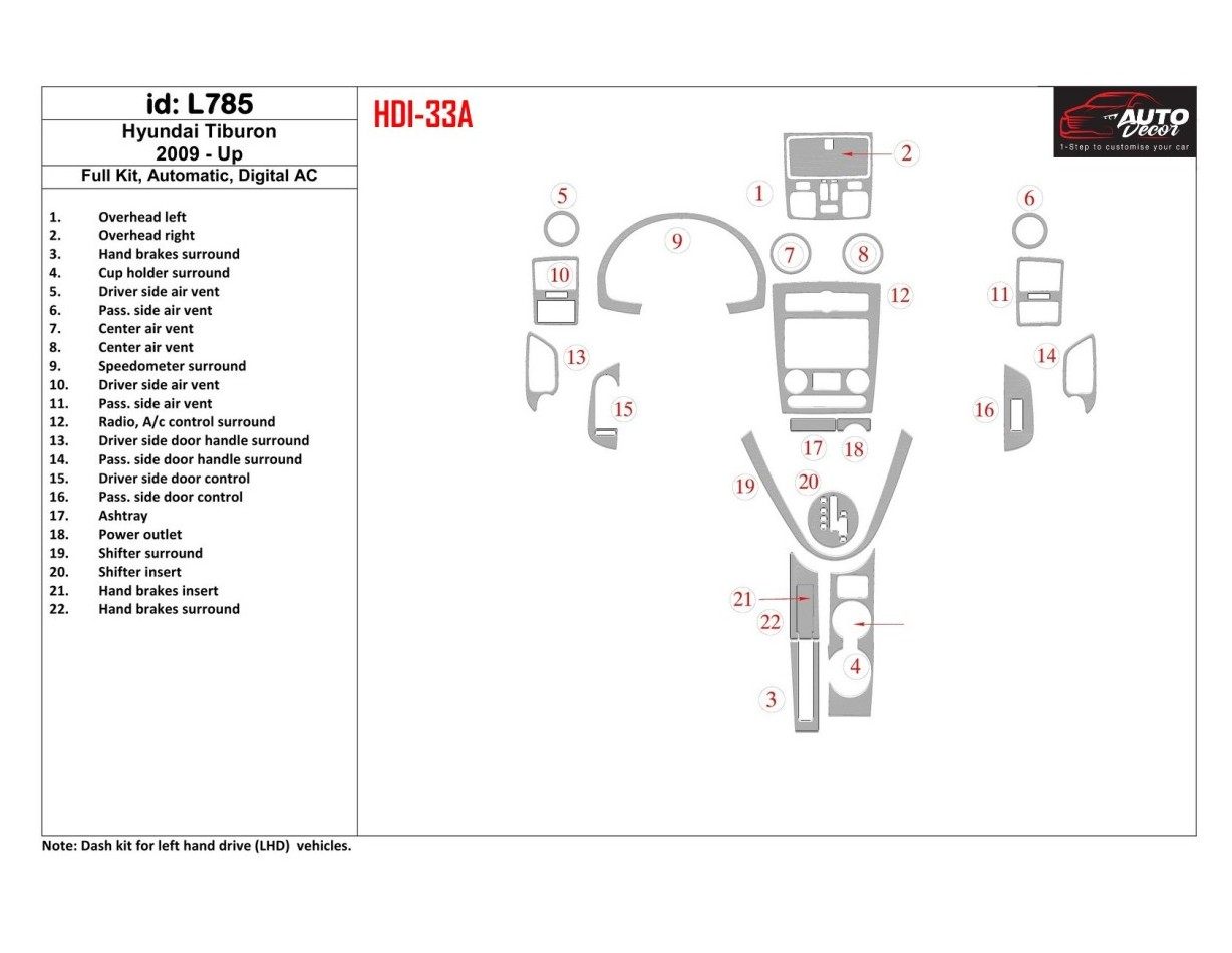 Hyundai Tiburon 2009-UP Full Kir, Automatic Gear, Automatic AC Cruscotto BD Rivestimenti interni