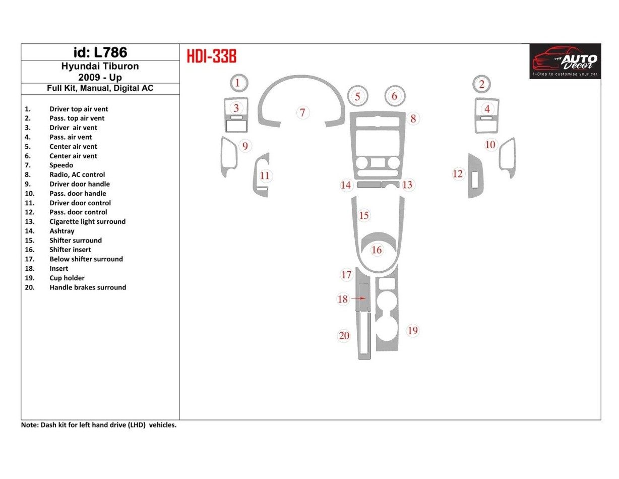 Hyundai Tiburon 2009-UP Full Kir, Manual Gear Box, Automatic AC Cruscotto BD Rivestimenti interni