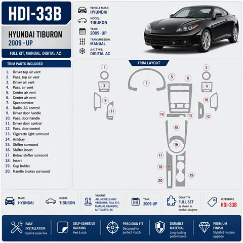 Hyundai Tiburon 2009-in poi Full Kir; cambio manuale; Automatic AC kit rivestimento cruscotto e interni 3D
