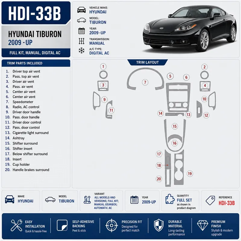 Hyundai Tiburon 2009-in poi Full Kir; cambio manuale; Automatic AC kit rivestimento cruscotto e interni 3D