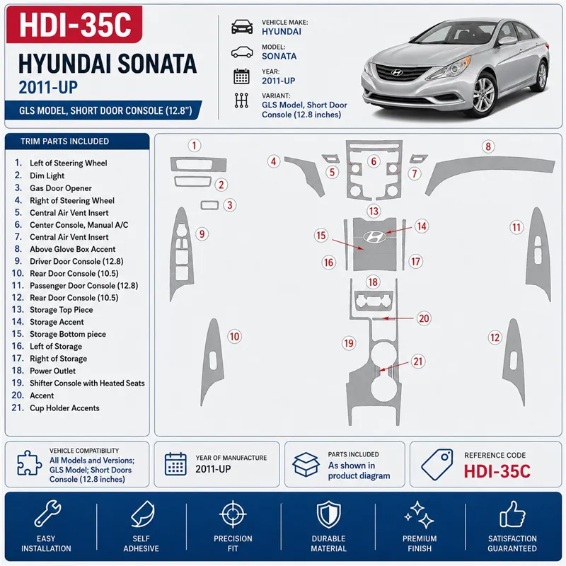 Hyundai Sonata 2011-in poi GLS Model; Short porte Console (128 inches) kit rivestimento cruscotto e interni 3D