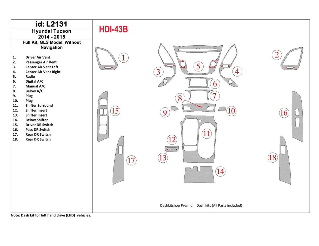 Hyundai Tucson 2014-2015 Full Set, c NAVI, Limited Model Cruscotto BD Rivestimenti interni