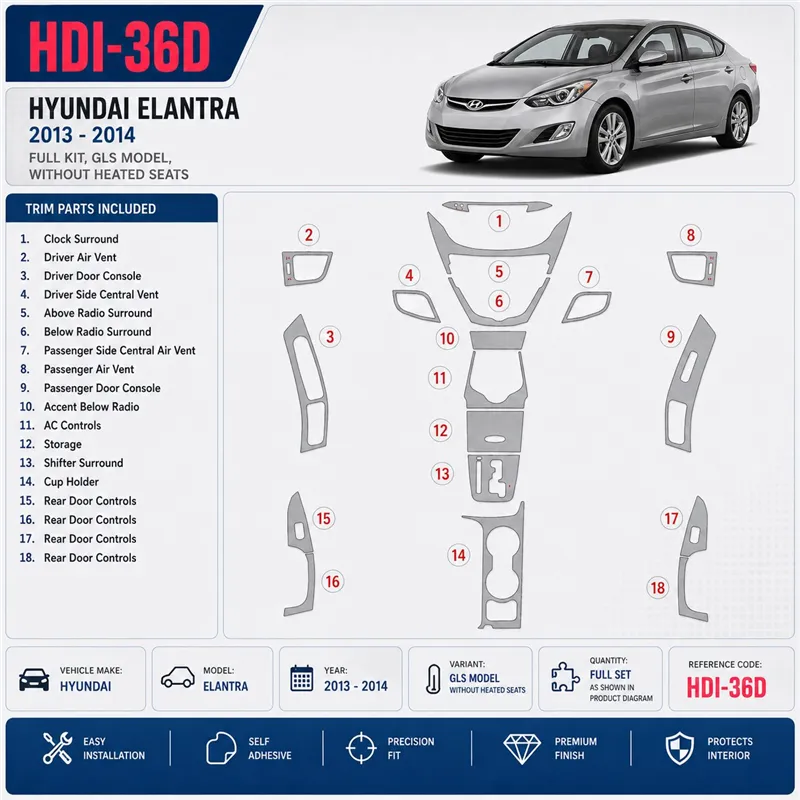 Hyundai Elantra 2011-2013 set completo; GLS Model; senza Seat Heating kit rivestimento cruscotto e interni 3D