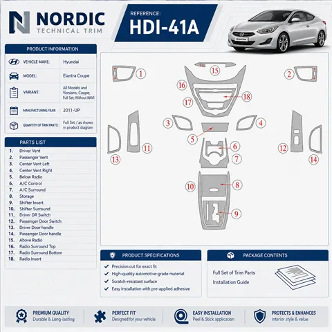 Hyundai Elantra 2011-in poi Coupe; set completo; senza navigatore kit rivestimento cruscotto e interni 3D