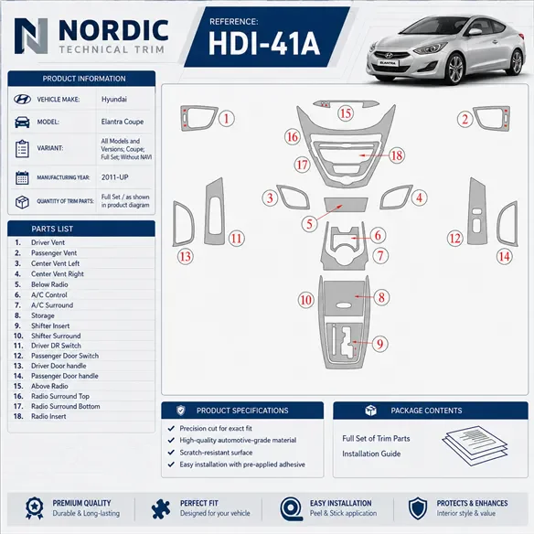 Hyundai Elantra 2011-in poi Coupe; set completo; senza navigatore kit rivestimento cruscotto e interni 3D