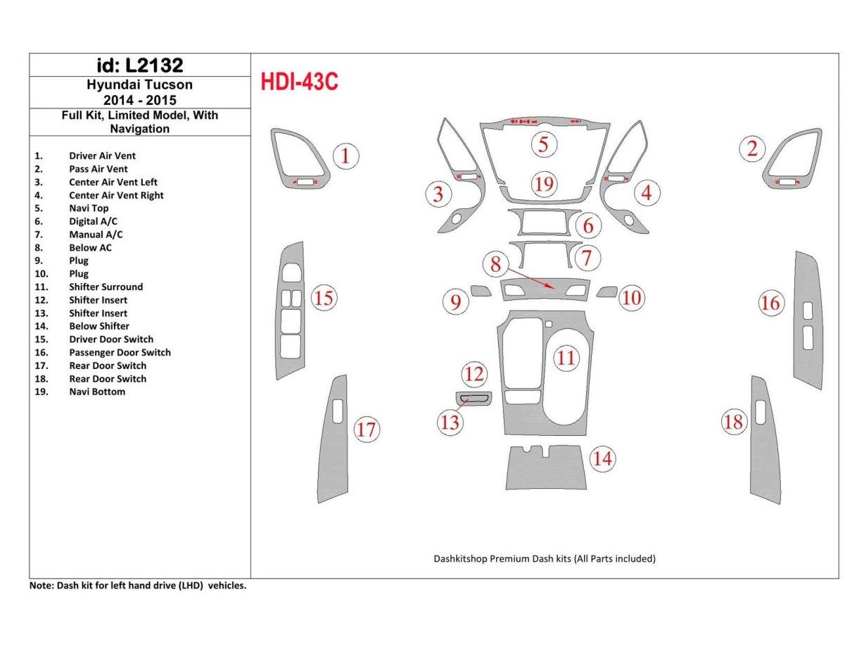 Hyundai Tucson 2014-2015 Full Set, Without NAVI, Limited Model Cruscotto BD Rivestimenti interni Hyundai Tucson 2014-2015 Full Set, Without NAVI, Limited Model Cruscotto BD Rivestimenti interni