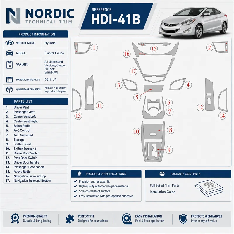 Hyundai Elantra 2011-in poi Coupe; set completo; con navigatore kit rivestimento cruscotto e interni 3D