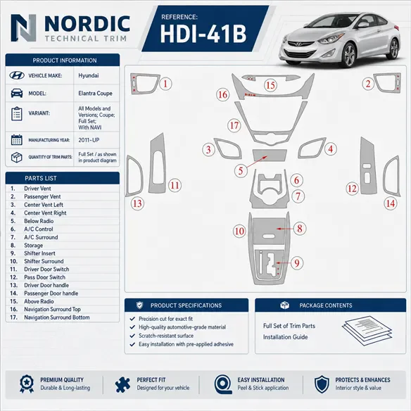 Hyundai Elantra 2011-in poi Coupe; set completo; con navigatore kit rivestimento cruscotto e interni 3D
