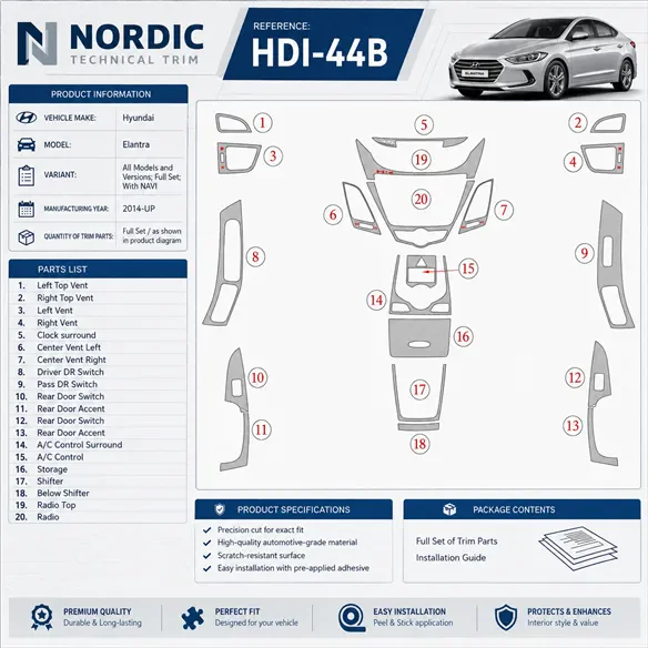 Hyundai Elantra 2014-in poi set completo; con navigatore kit rivestimento cruscotto e interni 3D