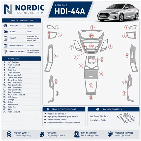 Hyundai Elantra 2014-in poi set completo; senza navigatore kit rivestimento cruscotto e interni 3D