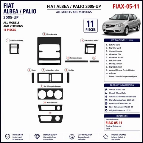 Fiat Albea 2005+ kit cruscotto 3D, 11 pezzi 2
