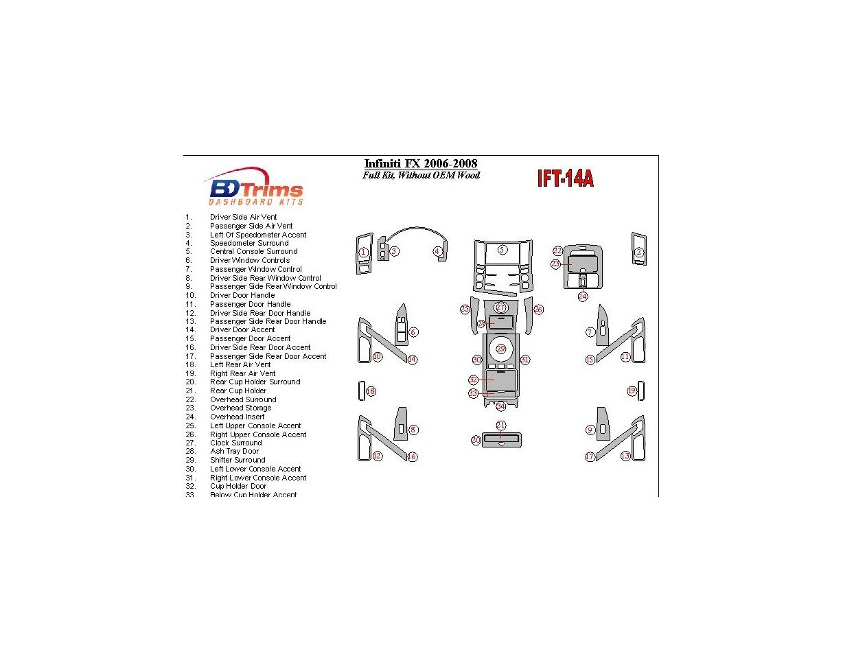 Infiniti FX 2006-2008 Without Fabric Wood Kit Cruscotto BD Rivestimenti interni