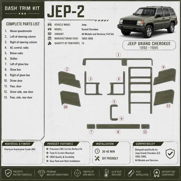 Jeep Grand Cherokee 1992-1995 set completo kit rivestimento cruscotto e interni 3D 13 pezzi