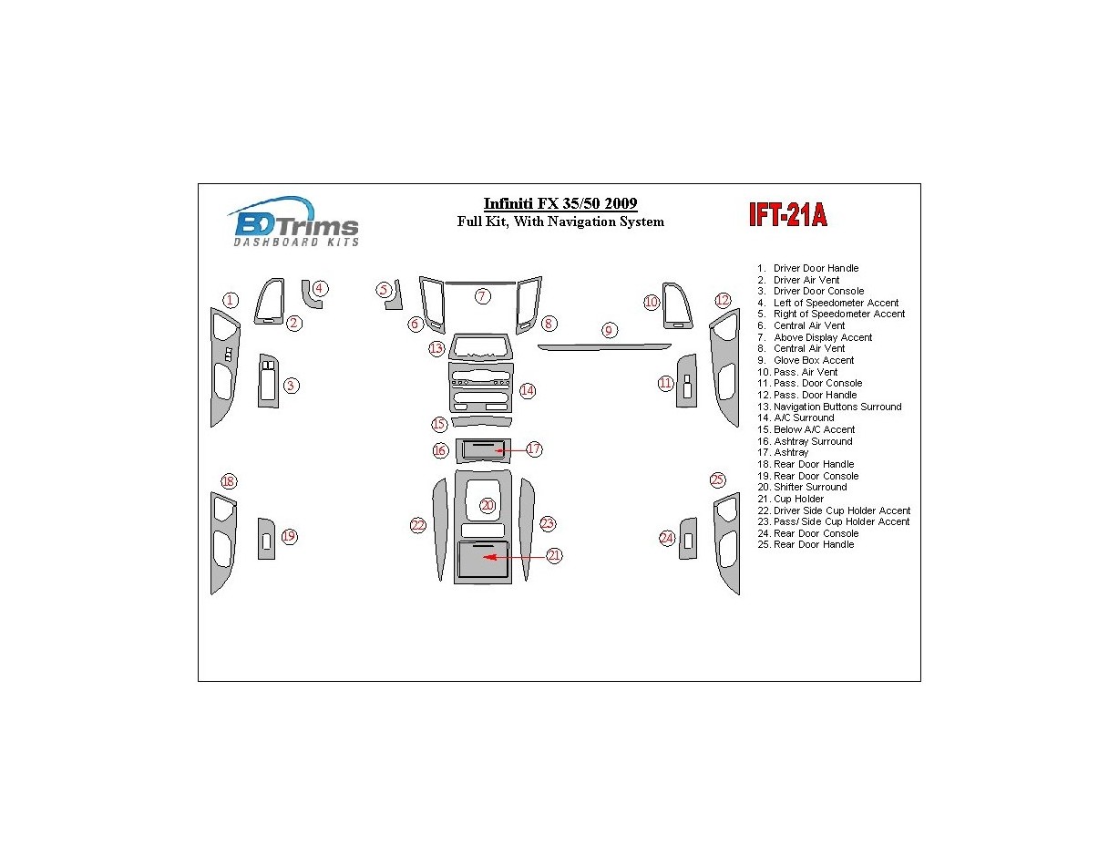 Infiniti FX 2009-2009 Full Set Cruscotto BD Rivestimenti interni