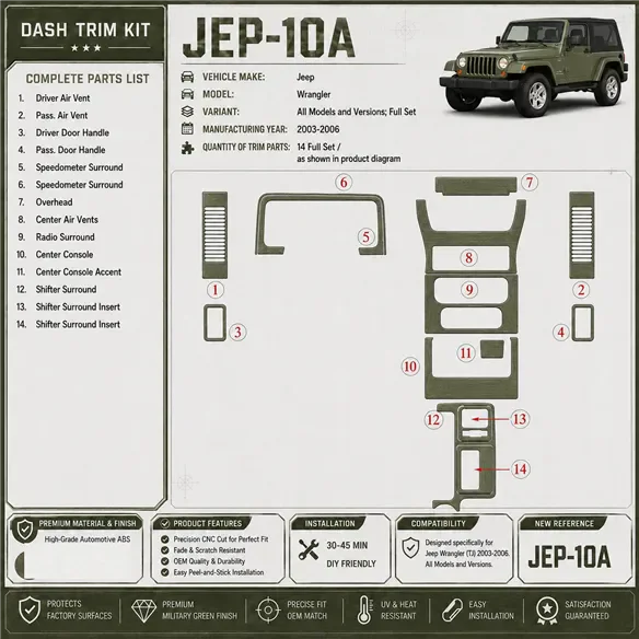 Jeep Wrangler 2003-2006 set completo kit rivestimento cruscotto e interni 3D