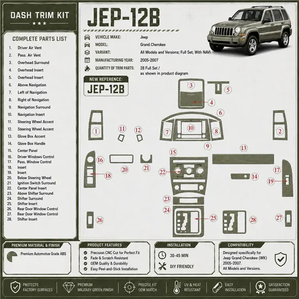 Jeep Grand Cherokee 2005-2007 set completo; con navigatore kit rivestimento cruscotto e interni 3D