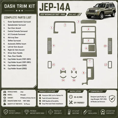 Jeep Cherokee 1997-2001 set completo; cambio automatico kit rivestimento cruscotto e interni 3D