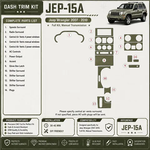 Jeep Wrangler 2007-2010 set completo; cambio manuale kit rivestimento cruscotto e interni 3D