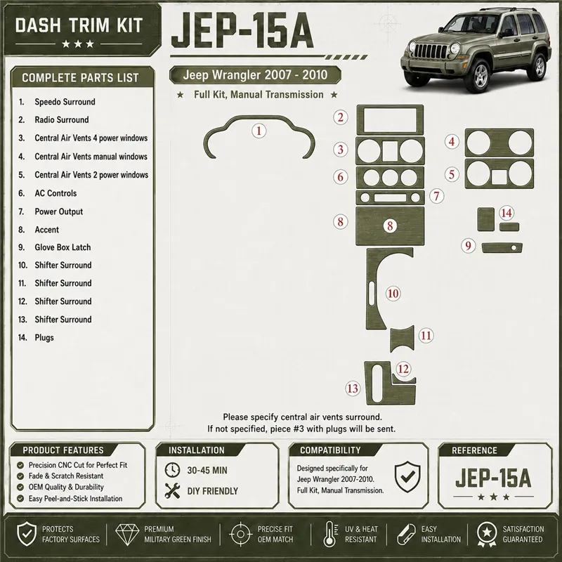 Jeep Wrangler 2007-2010 set completo; cambio manuale kit rivestimento cruscotto e interni 3D