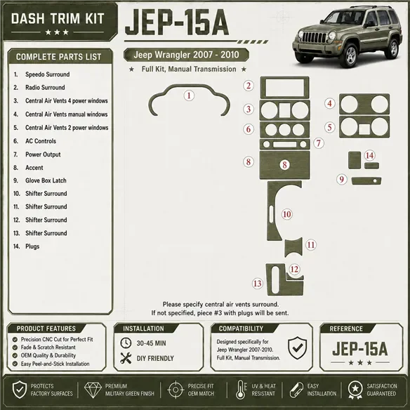 Jeep Wrangler 2007-2010 set completo; cambio manuale kit rivestimento cruscotto e interni 3D